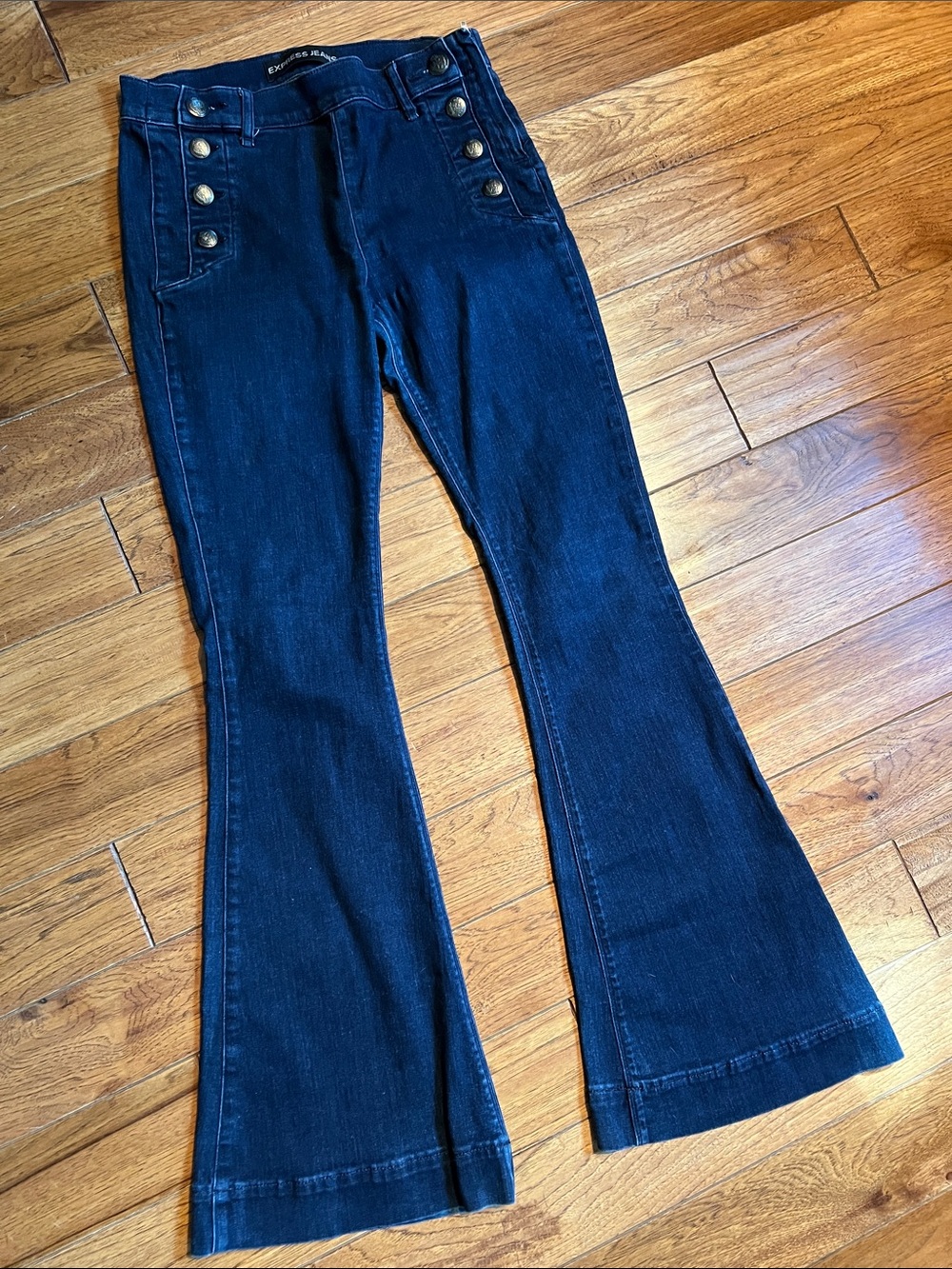 Express Dark Blue mid-Rise Flare Jeans with Button Accents